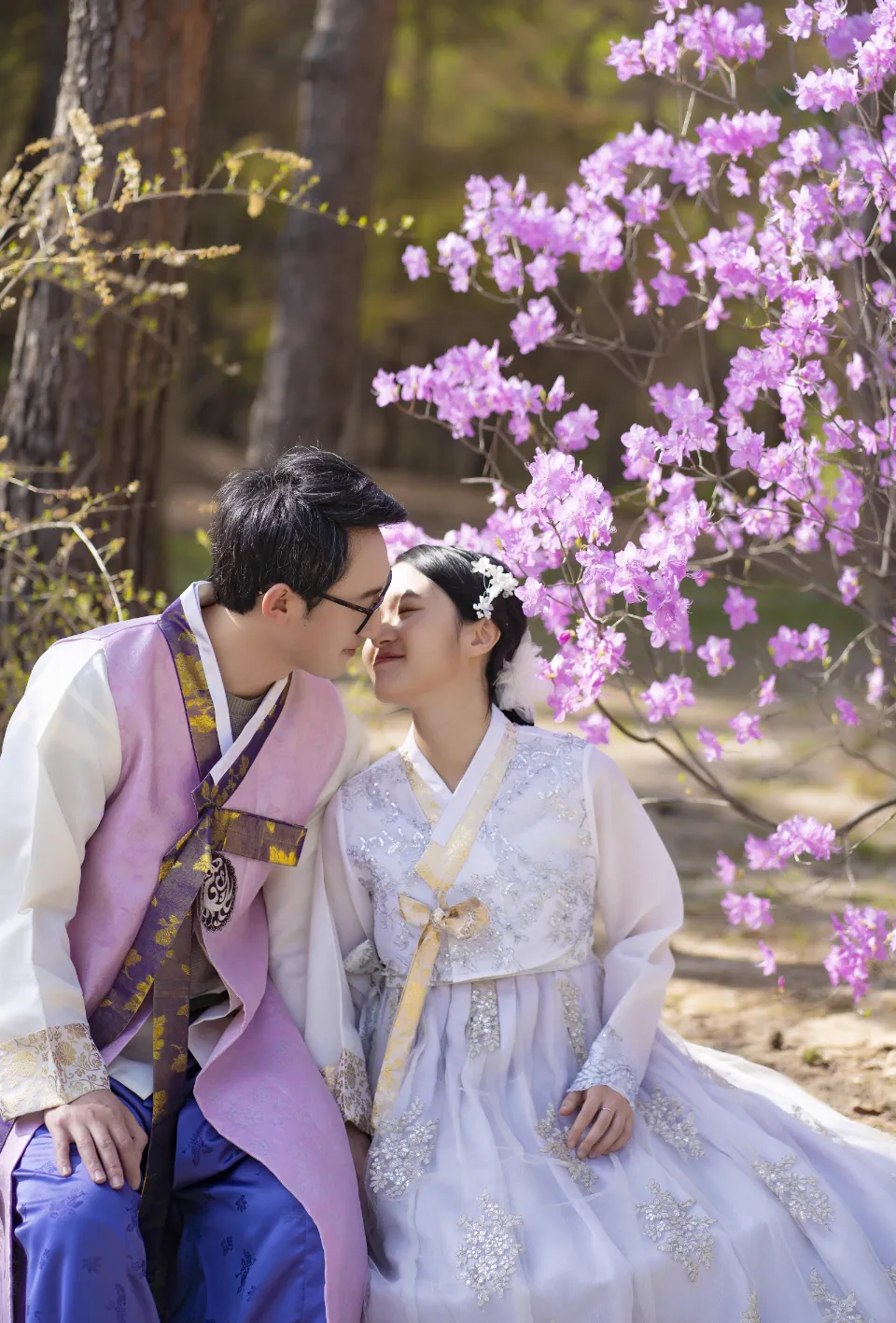 A spring couple portrait beneath blossoms at Changgyeonggung Palace
