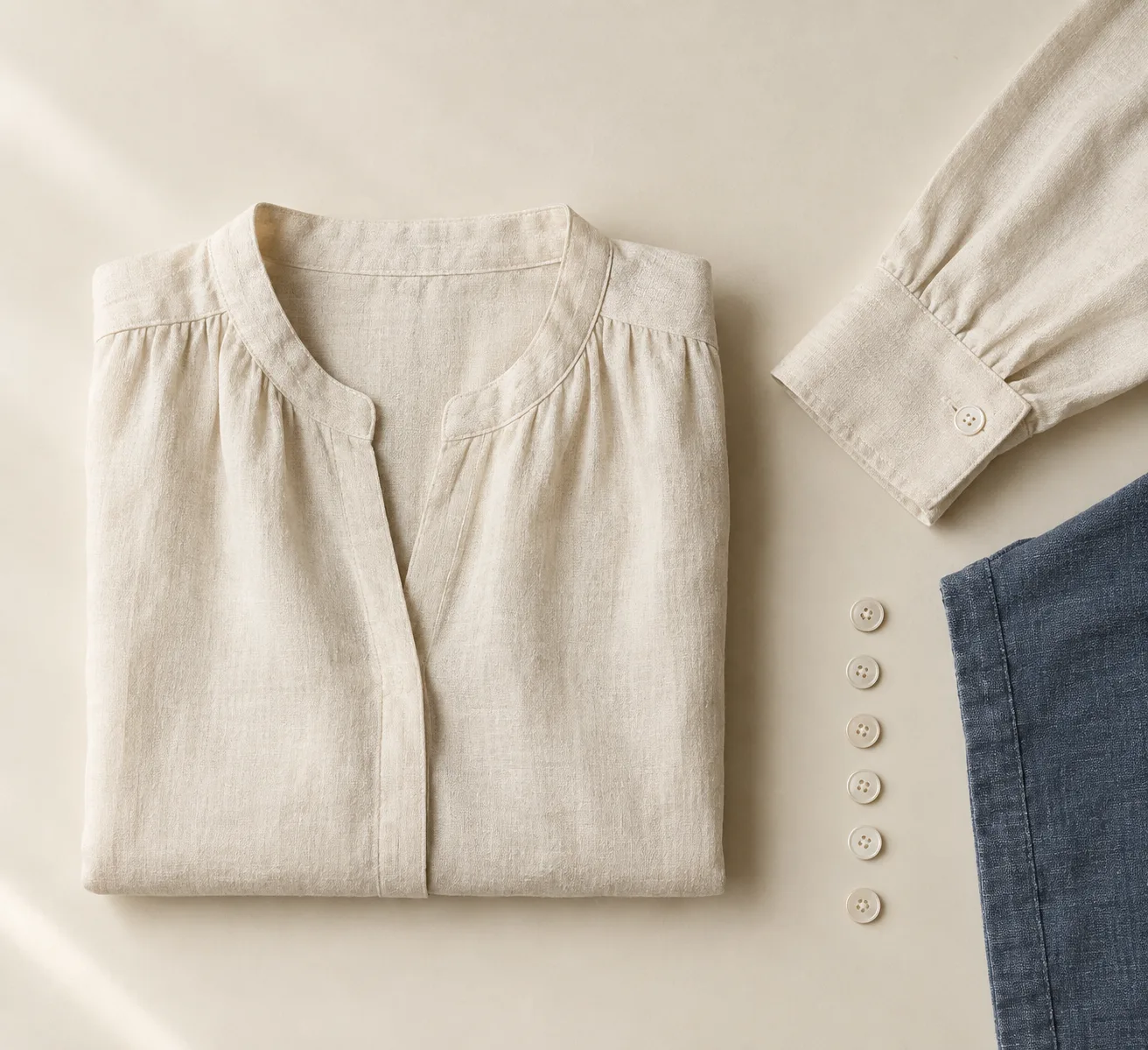 Detail shot — fabric weave, buttons and seam