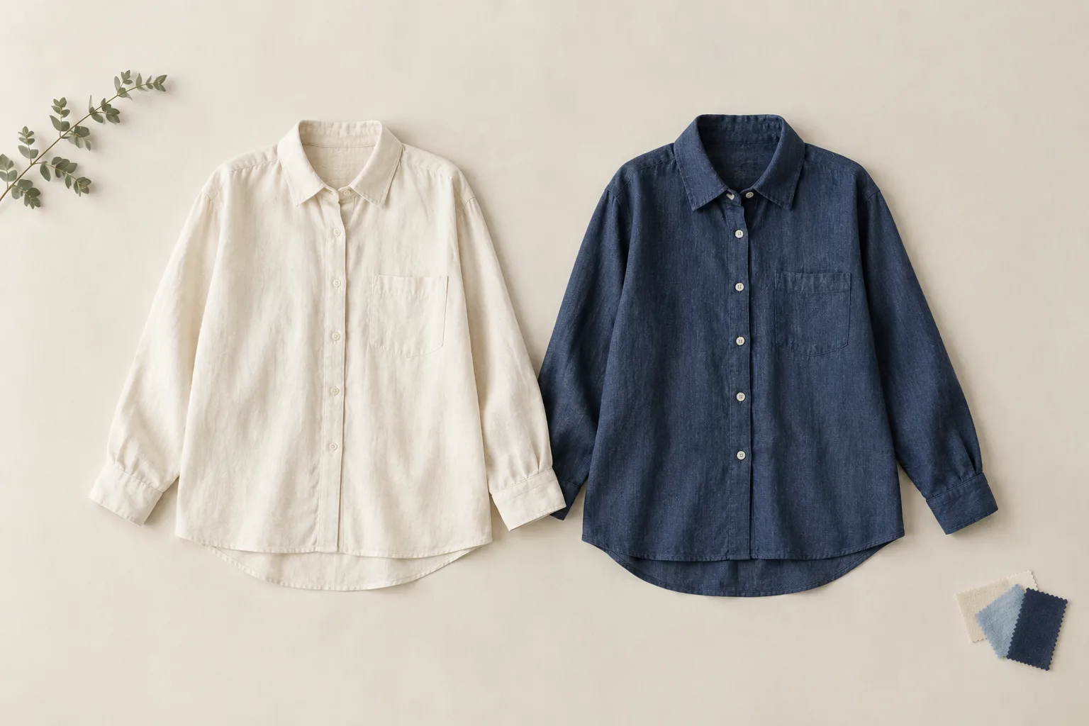 Flat lay example — a cream shirt and an indigo denim shirt