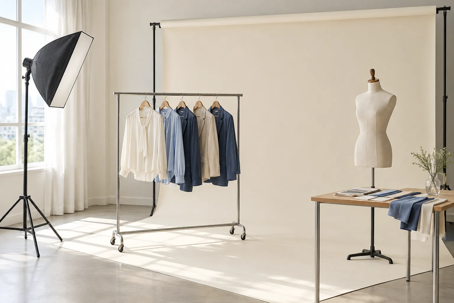 A studio set prepared for a clothing shoot — lighting and backdrop with garments hanging