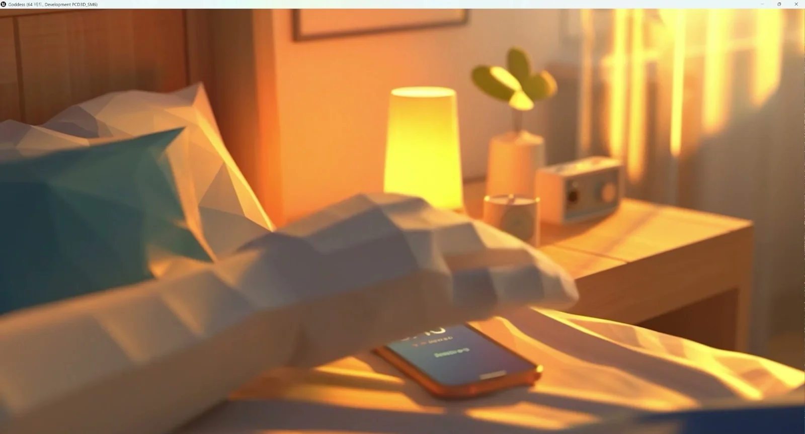 A bedroom lit by a bedside lamp, a phone resting on the nightstand