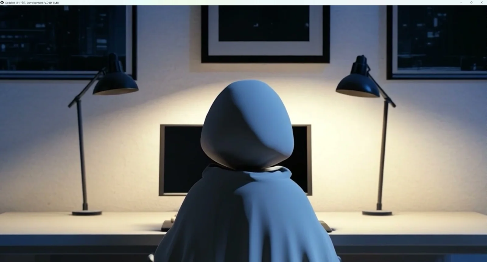 A figure seen from behind, sitting at a desk facing a monitor, two desk lamps lit in the dark