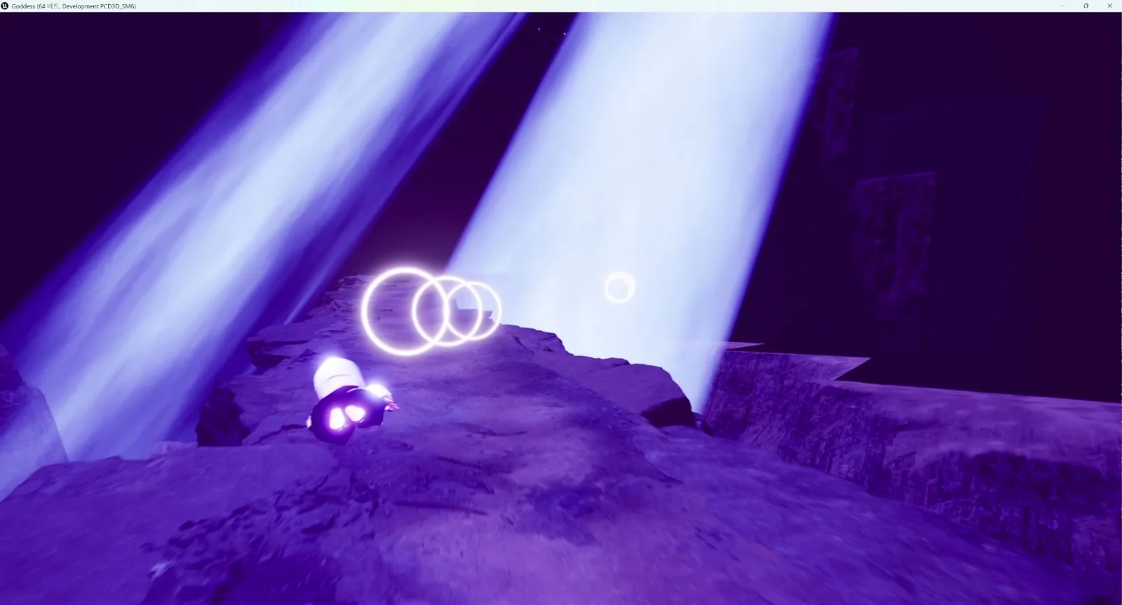 A purple canyon with beams of light pouring down and glowing orbs floating above it