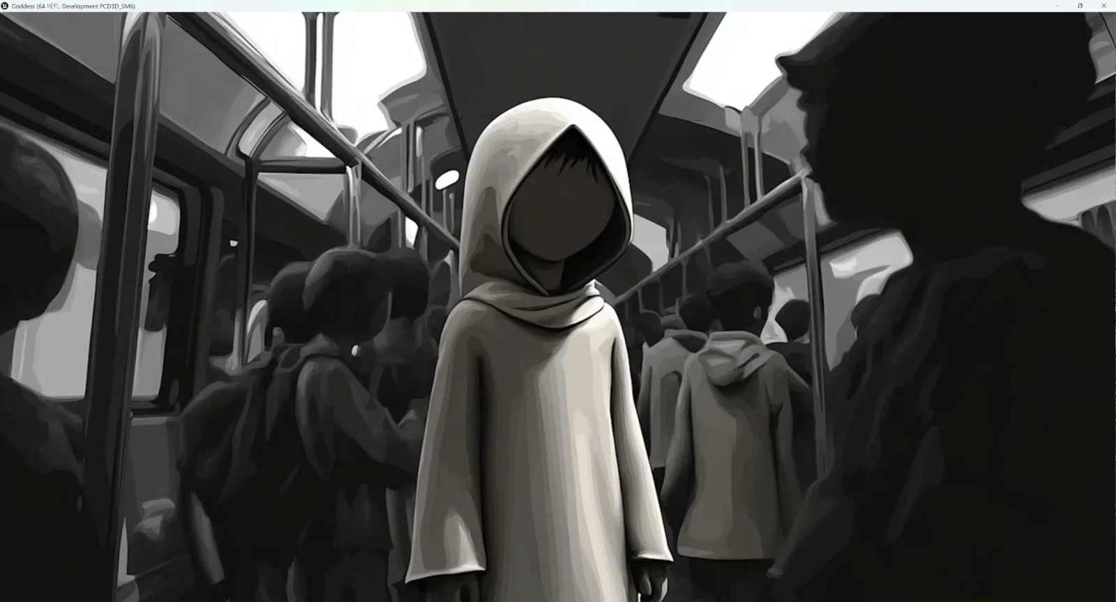A hooded figure standing among a crowd inside a subway car